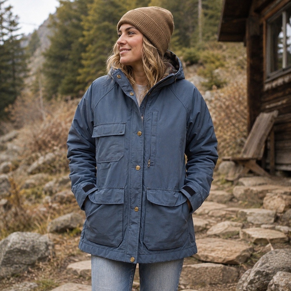 Vintage Woolrich Woman Field Jacket Blue Hooded Parka Plaid Lined USA Made Small
